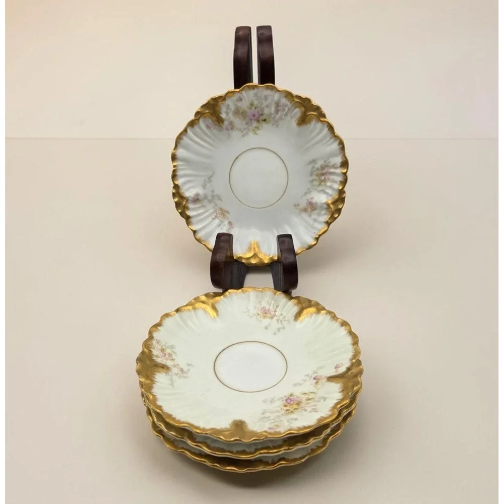 Set Of 4 Bawo & Dotter Elite Works Limoges France Floral/Gold Demitasse Saucers